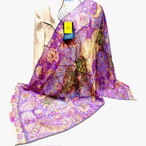New Etro Milano  Scarf 100% silk chiffon 64"x26" lavender pink floral fringed(39